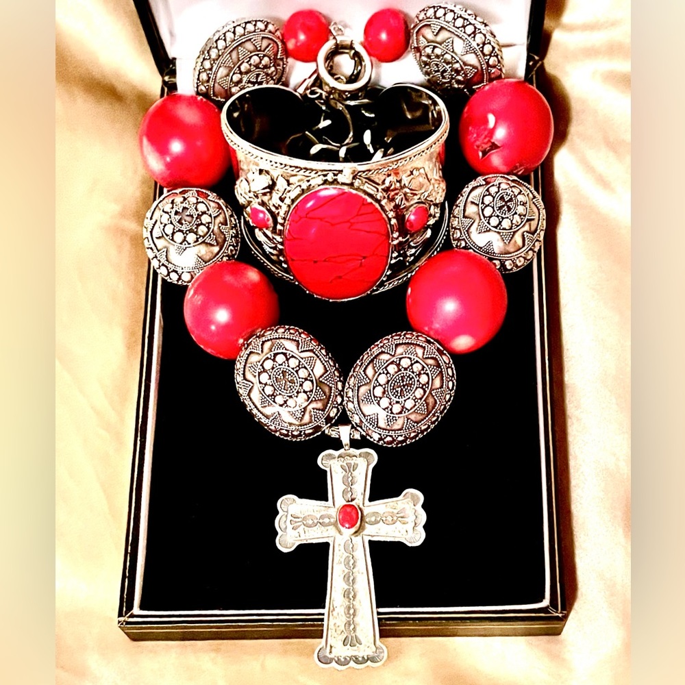 Sterling Silver & Red Turquoise Necklace & Bracelet!